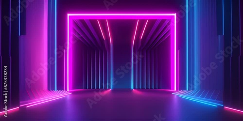 Abstract neon background with colorful beams of light. Futuristic studio concept with bright laser animation and reflective floor. Seamless loop. photo