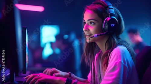 Professional gamer girl plays video games on RGB pc. photo