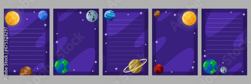 Vertical sheets for space-style notes. Outer space and planets. Design of postcards for decoration, notes, planning, invitations and notes