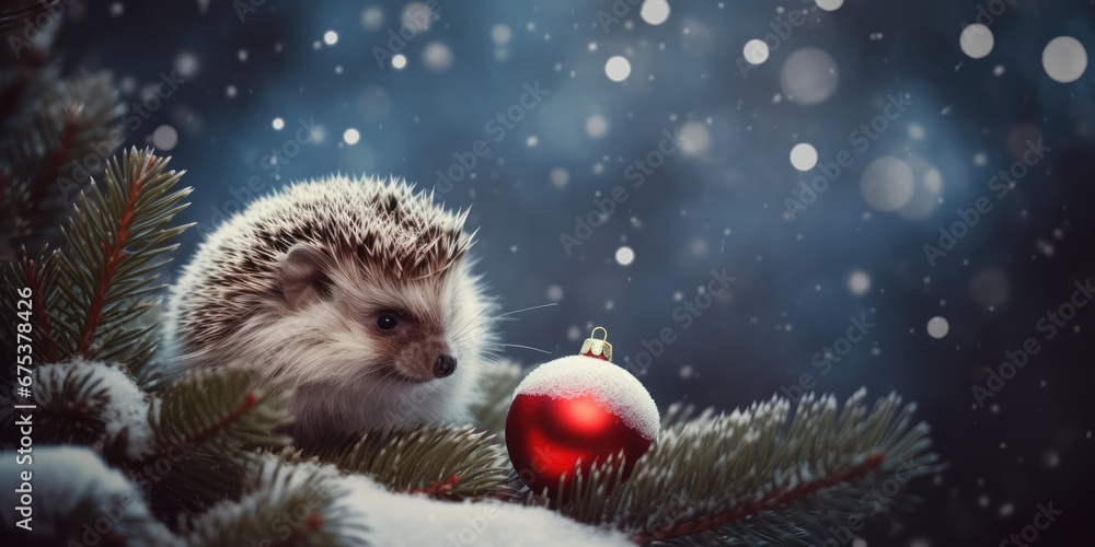 Hedgehog and Christmas tree branches with Red Christmas Ball. Christmas Decoration. Cute Christmas Animal. Beautiful Background for Christmas and New Year Greeting card, postcard, banner design Hedgehog and Christmas tree branches with Red Christmas Ball. Christmas Decoration. Cute Christmas Animal. Beautiful Background for Christmas and New Year Greeting card, postcard, banner design