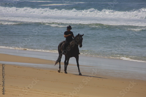 Rider on a black horse rides along the sea