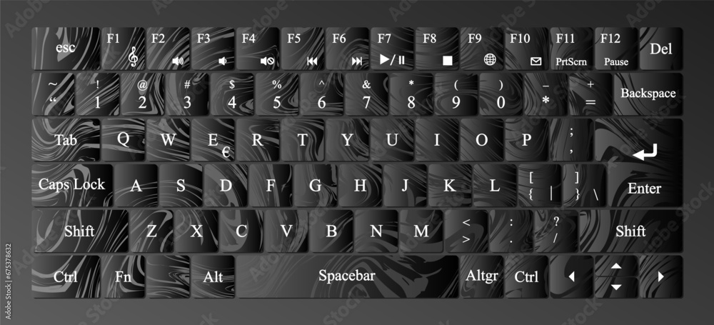 Vector modern qwerty Keyboard Layout Stencil cut. Marble background. - obrazy, fototapety, plakaty 
