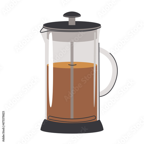 Flat illustration of a French press teapot. Design elements for a tea party and a shop. Vector illustration isolated on a white background (ID: 675378623)
