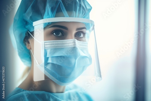 Healthcare Professional in Blue Surgical Attire with Face Shield photo