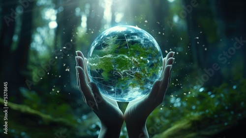 Close-up of female hands holding a crystal earth globe and surrounding the global network. Ecology, energy concept. The concept of protecting planet Earth, environmental development.