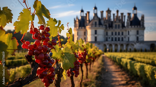 A vineyard, with the majestic Château de Chambord as the background, during the grape harvest photo