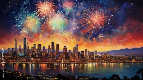 a vibrant, multicolored fireworks exploding in the night sky, casting a mesmerizing glow over the cityscape below, capturing the essence of celebration and joy.