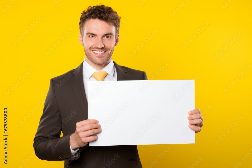 Professional Man Holding Blank Sign for Text on Yellow Background Professional Man Holding Blank Sign for Text on Yellow Background