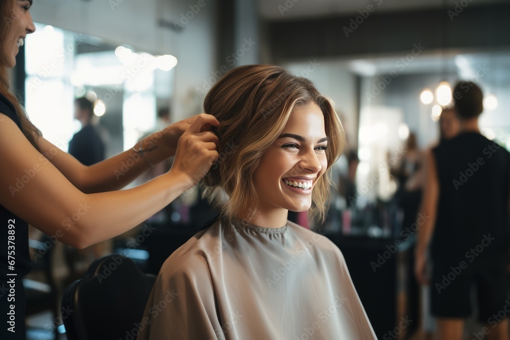 © esp2k - Young Woman Experiencing a Trendy Haircut in a Modern Salon
