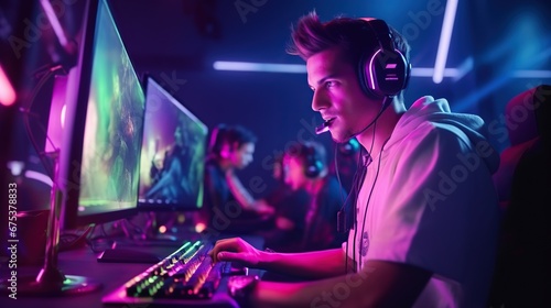 Teenager wearing headphones and playing online video games. © Naknakhone
