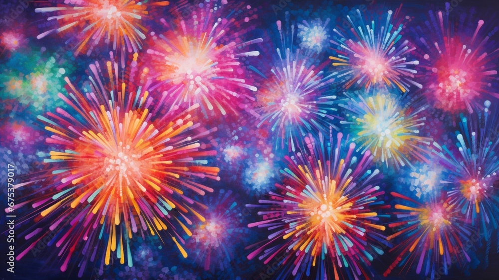 a vibrant neon-colored fireworks painting the night sky with abstract patterns and swirls, adding a touch of artistic flair to the traditional spectacle of light.