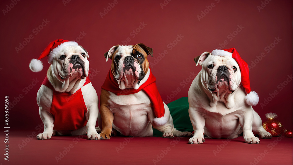 tres Bulldogs Ingleses se disfrazan como divertidos Papás Noel para navidad.