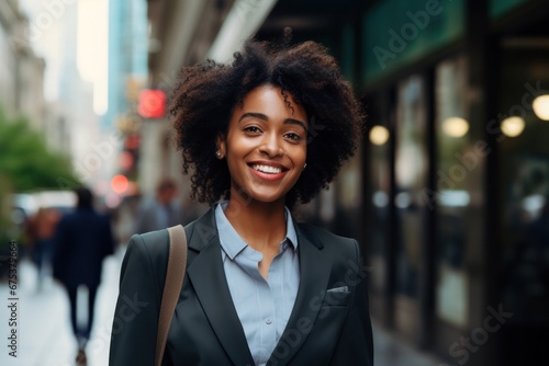 Black business woman walking street smiling