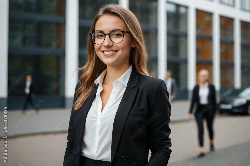 A portrait of a young happy smiling businesswoman out in the street, entrepreneurial spirit A portrait of a young happy smiling businesswoman out in the street, entrepreneurial spirit