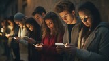Group of young people using smart mobile phone device outside - Teenagers addicted to social media - College students watching smartphone in university campus
