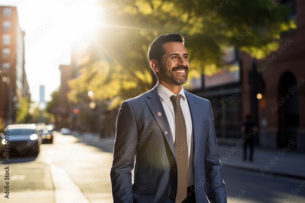 Hispanic businessman walking street smiling