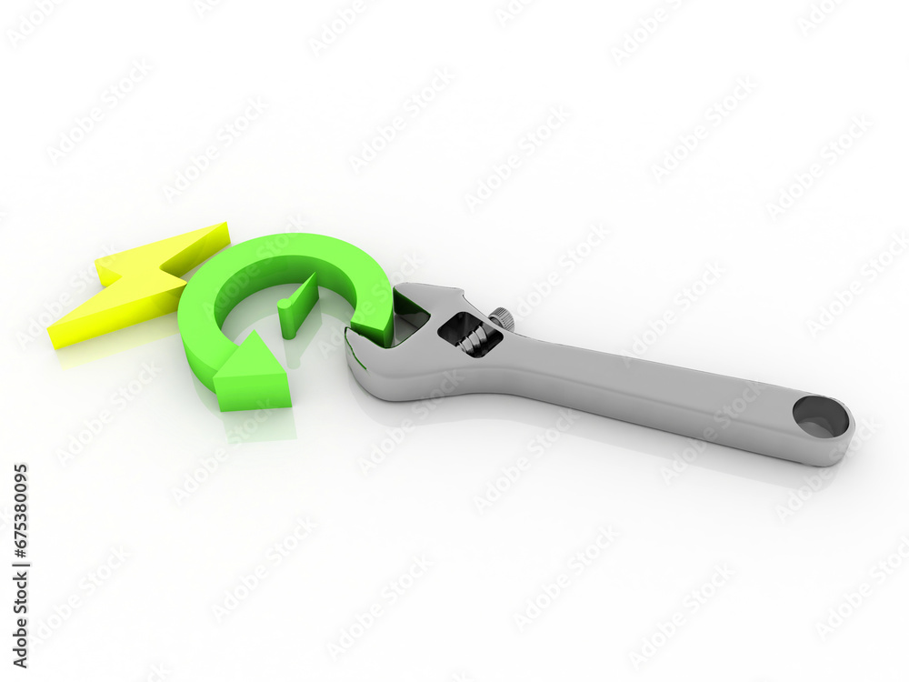 3d rendering renewable energy sign with Adjustable wrench 3d rendering renewable energy sign with Adjustable wrench