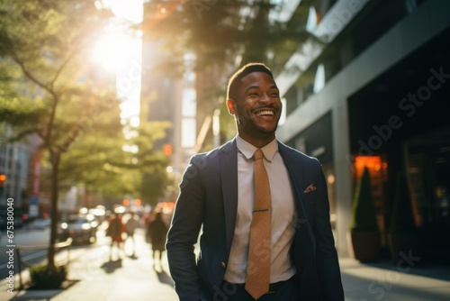 Black businessman walking street smiling
