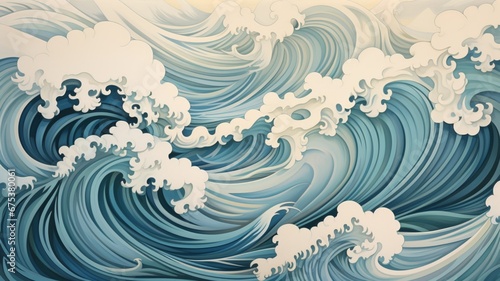 a wavy background in contrasting warm and cool tones, forming intricate patterns that mimic the natural flow of ocean waves, bringing a sense of harmony and balance.