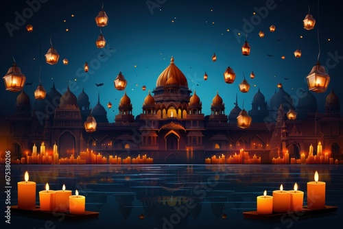 Illustration of Diwali festival Diya Lamp with rangoli at the bottom. Generative AI.