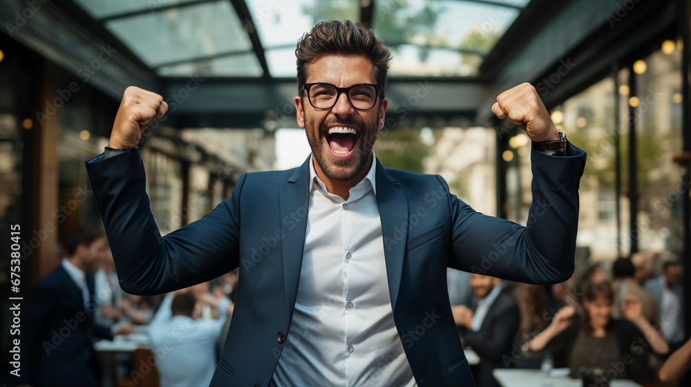 Portrait of a happy businessman celebrating success. AI Generative Portrait of a happy businessman celebrating success. AI Generative