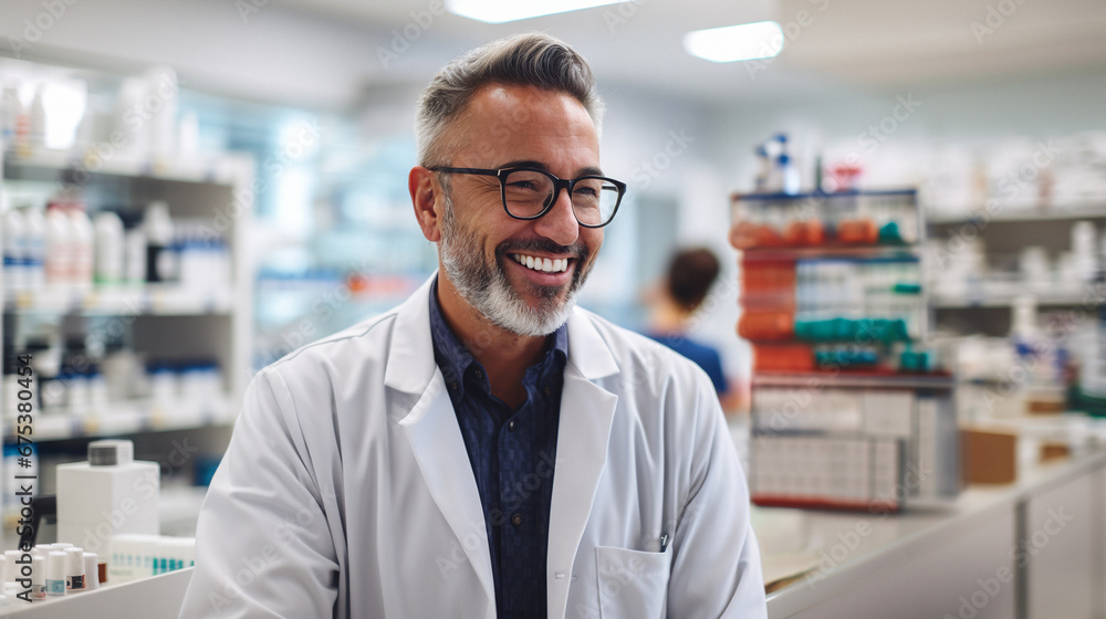 Portrait of smiling mature male pharmacist standing in pharmacy. AI Generative Portrait of smiling mature male pharmacist standing in pharmacy. AI Generative