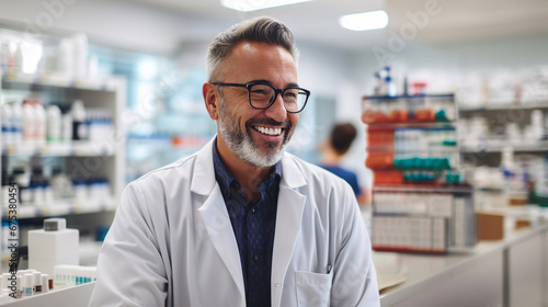 Portrait of smiling mature male pharmacist standing in pharmacy. AI Generative photo