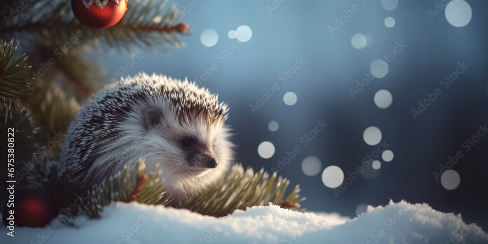 Cute Hedgehog, Christmas tree branches and Red Christmas Ball in snow. Christmas Animal. Beautiful Background for Christmas and New Year Greeting card, postcard, banner design