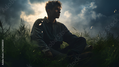 young man in top of grass, in the style of atmospheric landscapes, uhd image, zeng chuangxing, dramatic atmospheric perspective, whimsical folk-inspired, canon 7, hikecore photo
