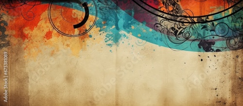 The abstract background design on the old paper showcases a retro art feel with its vibrant grunge colors and unique pattern resembling a painted canvas while the border adds a touch of ele