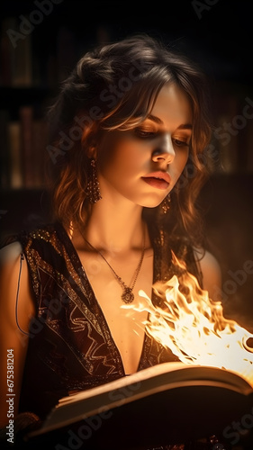 A beautiful girl wearing elegant jewelry holds a book burning with fire