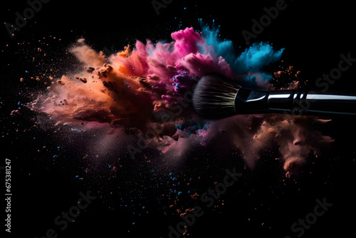 Explosion of delicate colorful blush on makeup brushes on black background  closeup-view