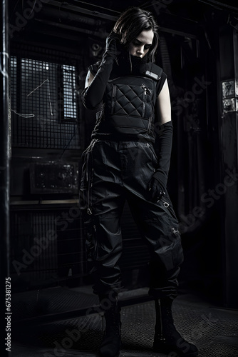 Girl in the  modern quilted outfit, gothic futurism, fashion