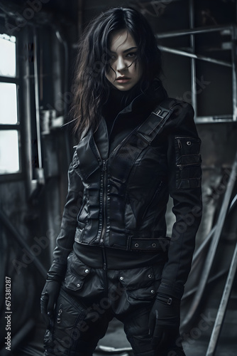 Girl in the  modern quilted outfit, gothic futurism