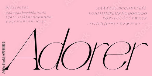 "Adorer" font Set. Lowercase and Uppercase included. Signs and nimerals. Elegant logo and fashion alphabet.	