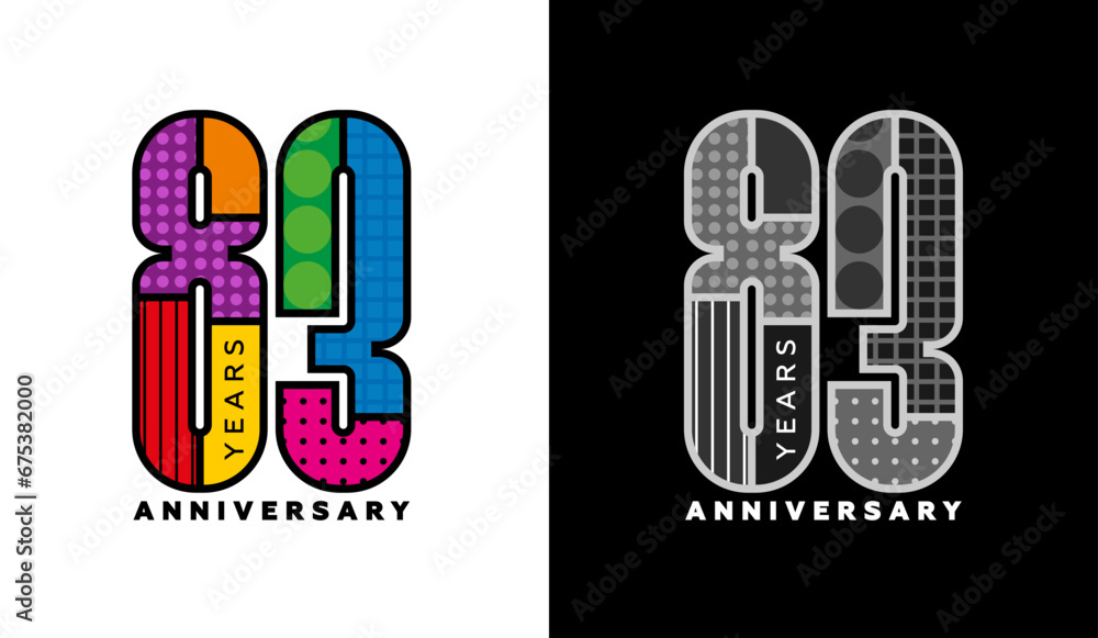 83rd anniversary, eighty three logo set, colorful logo for celebration event, invitation, congratulations, web template, flyer and booklet, retro