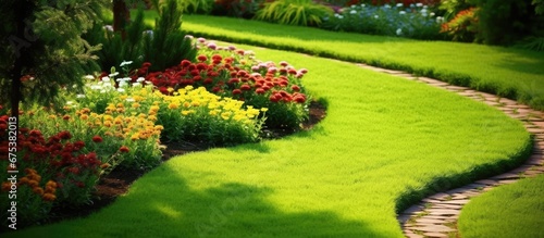 In the summer the landscape of a garden transforms with vibrant green grass and blooming flowers creating a colorful abstract pattern that adds texture to the natural beauty of the environm