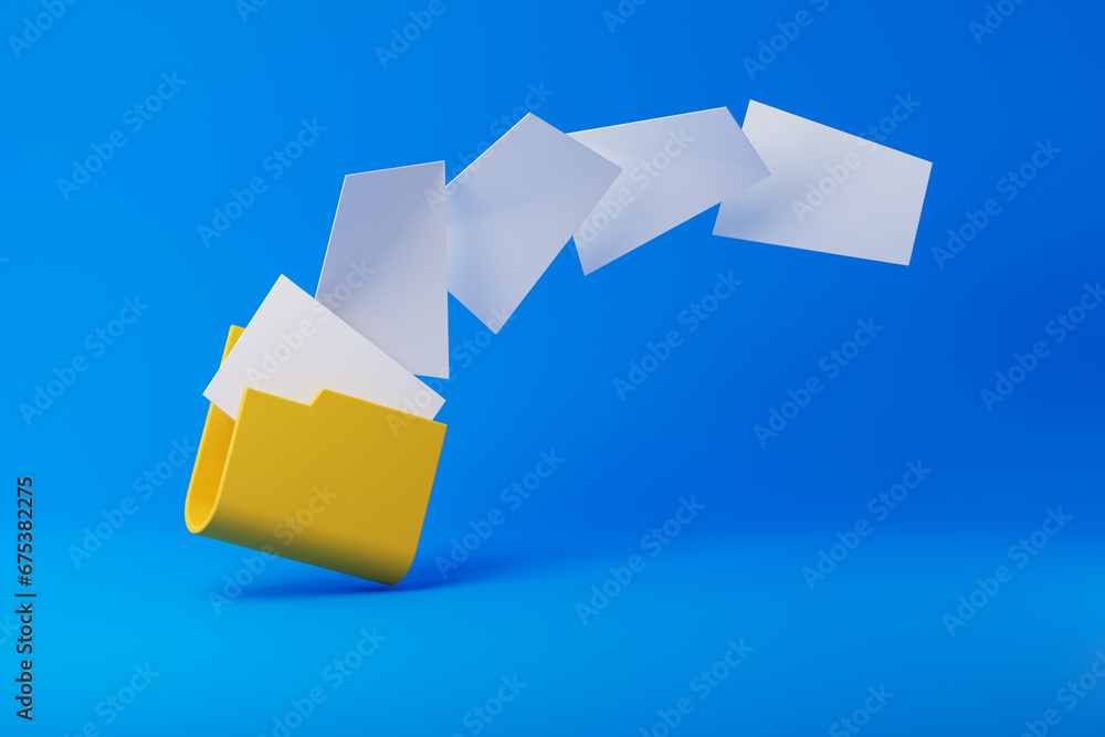 File Folder Flying Yellow folder with flying white blank papers isolated over blue ...