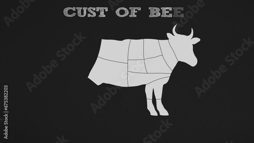 Meat and Beef cuts. Diagrams for butcher shop. Scheme of beef. Beef butcher's guide. Used for cooking steak and roast - t-bone, rib eye, porterhouse, tomahawk, beef in grunge style drawn with chalk