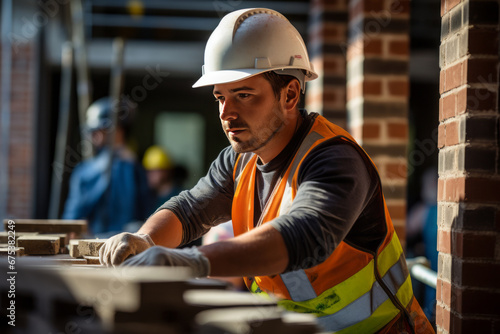 Male builder mason in a construction helmet works on building a house, laying bricks photo