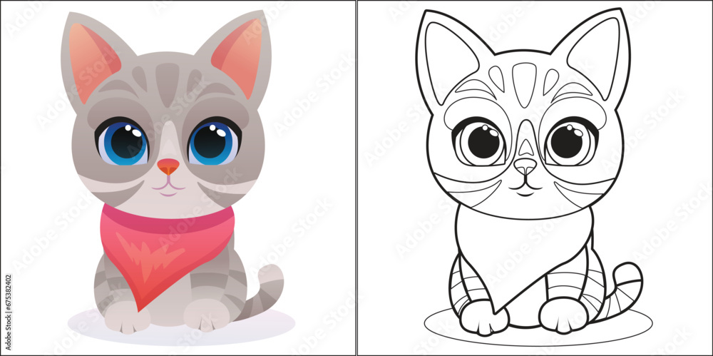 cute gray kitten sitting with a scarf vector drawing coloring book