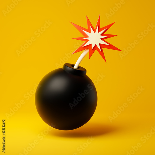 Black spherical bomb isolated over yellow background. 3D rendering.