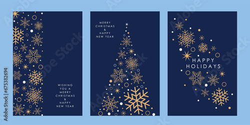 Merry Christmas and New Year cards and invitations to corporate events. Golden snowflakes and Christmas star on a blue background. Winter vector illustration.