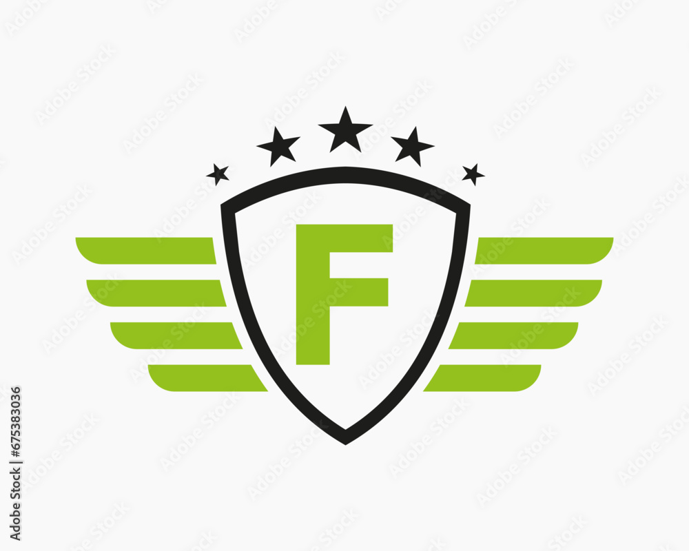 Initial Wing Logo On Letter F For Transportation Logo With Star Symbol