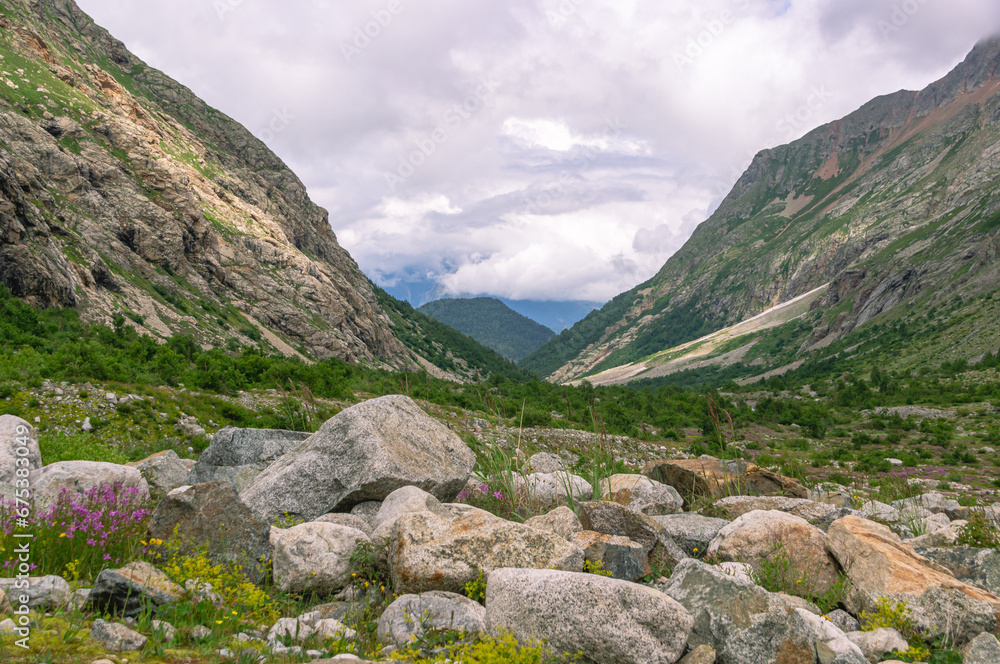 Panorama of a gorge in a mountainous area. Granite stones in the mountains.  Landscape in summer with views of mountains, clouds and flowers. Hiking in the mountains. A trip to the mountains.