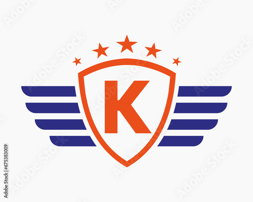 Initial Wing Logo On Letter K For Transportation Logo With Star Symbol