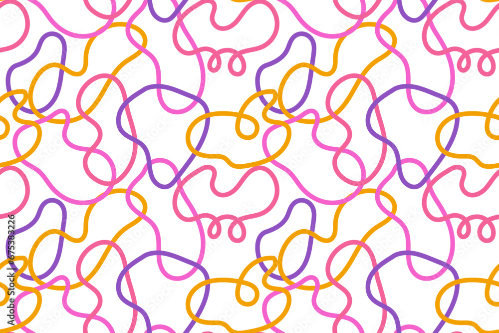 Squiggle cute naive seamless pattern. Creative bright scribble abstract style. Colored background illustration for celebration. Simple hand drawn wallpaper print.