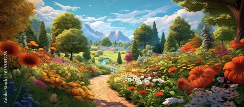 In the summer sky the vibrant blue and orange hues highlight the beauty of the blooming flowers while the lush green landscape provides a picturesque background for the garden s natural bea