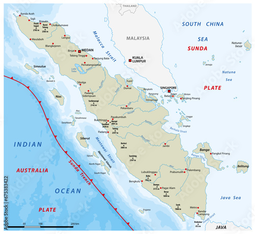 Map of the Sunda Trench off the west coast of Sumatra, Indonesia