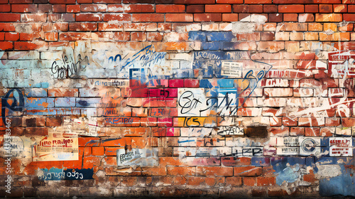 Urban brick wall texture, Rustic masonry, Weathered look with graffiti elements,